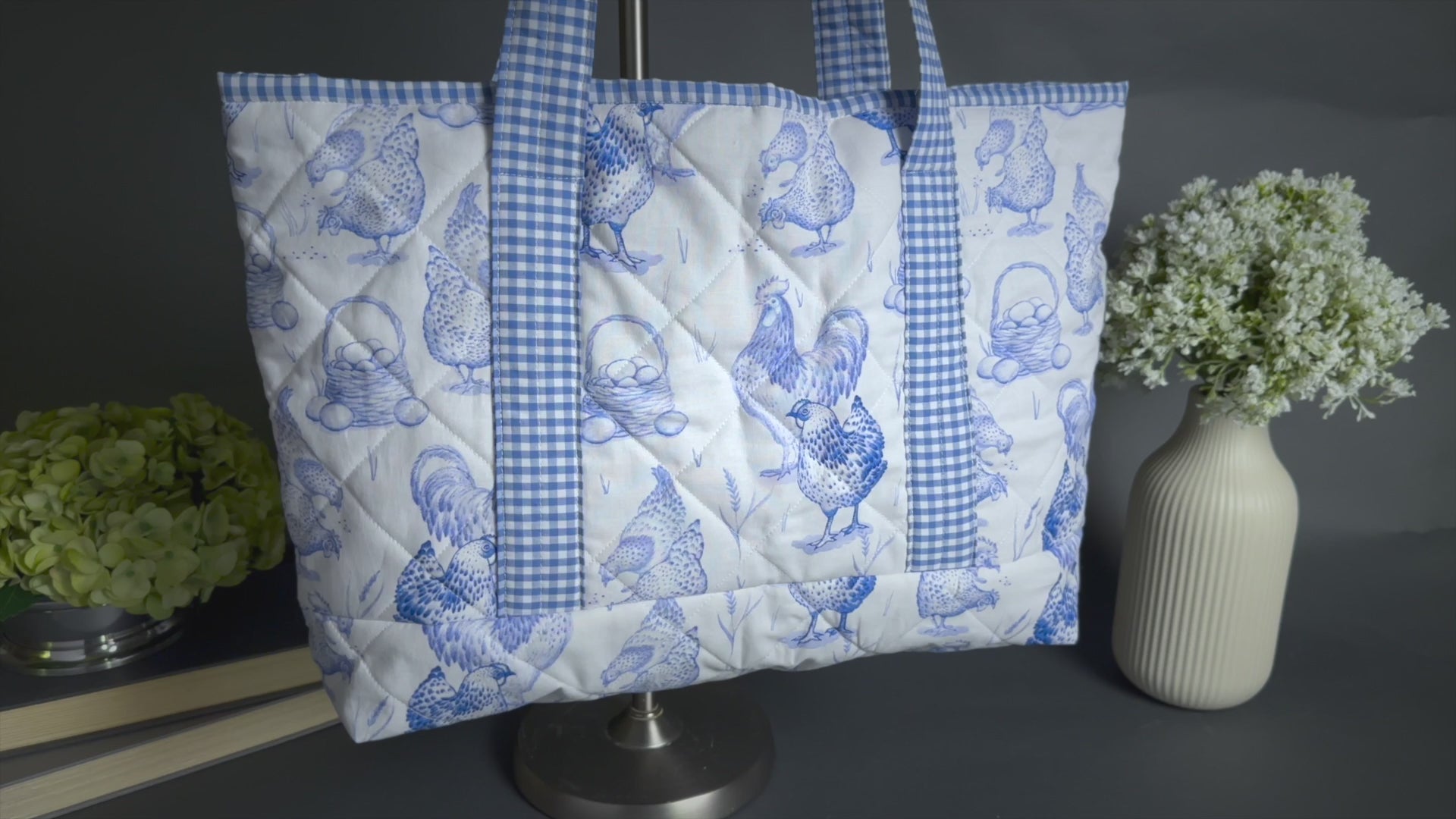 Medium Blue and White Chicken Coop Toile Handmade Quilted Tote Bag