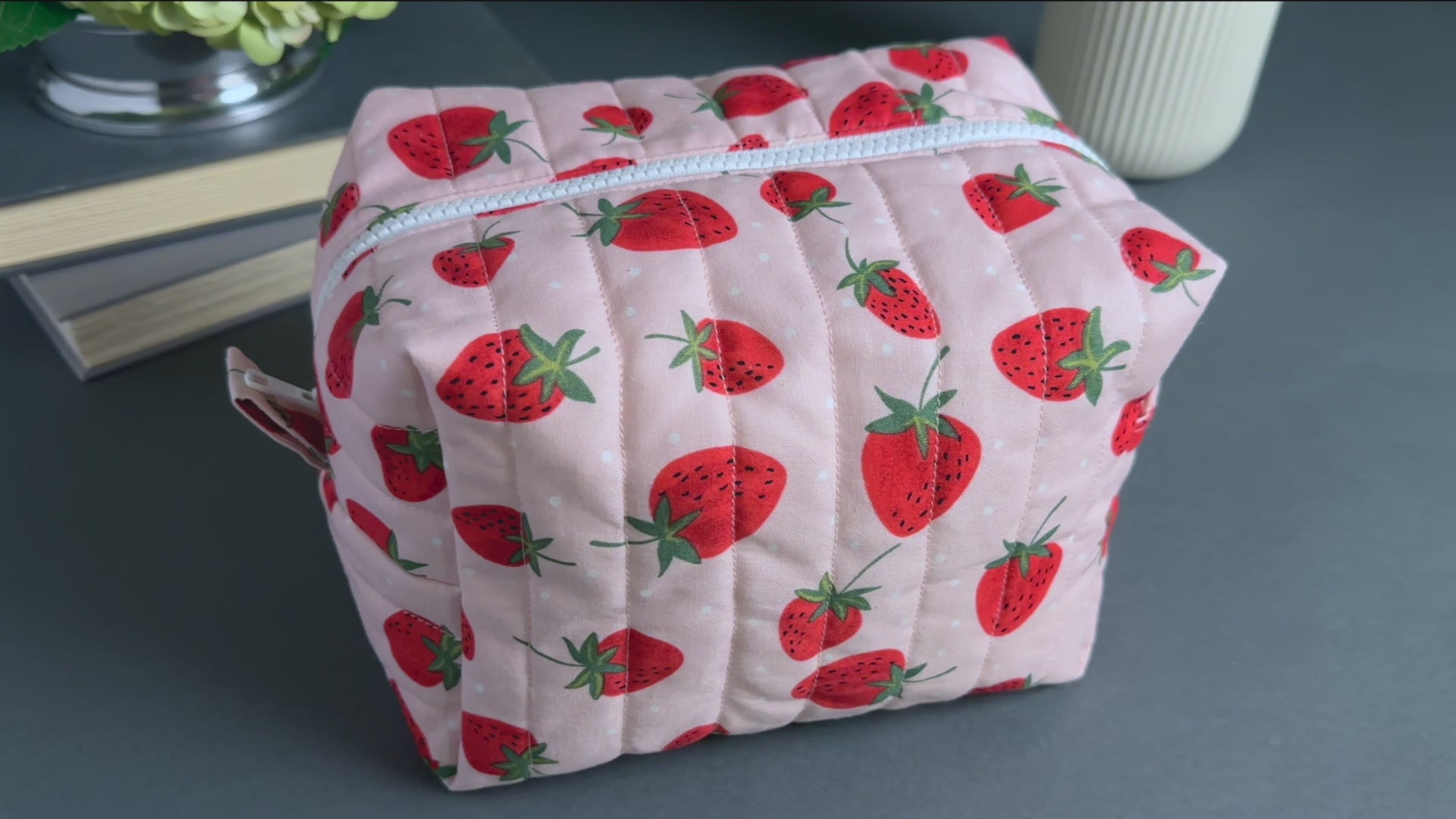 Strawberry Picnic Handmade Quilted "Boxy" Makeup Bag