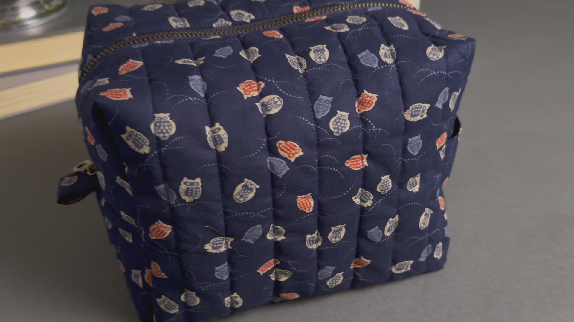 Colorful Owls and Wispy Arcs Handmade Quilted "Boxy" Makeup Bag