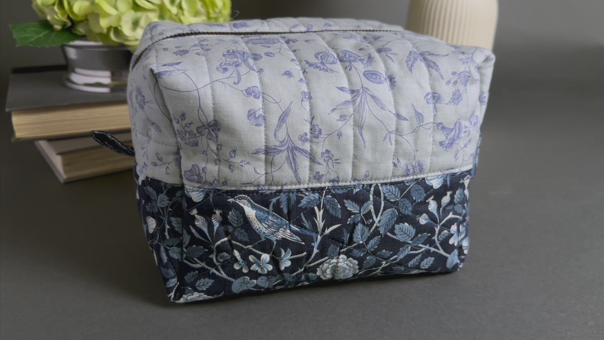 Two-tone French Blue Peony/Birds Handmade Quilted "Boxy" Makeup Bag