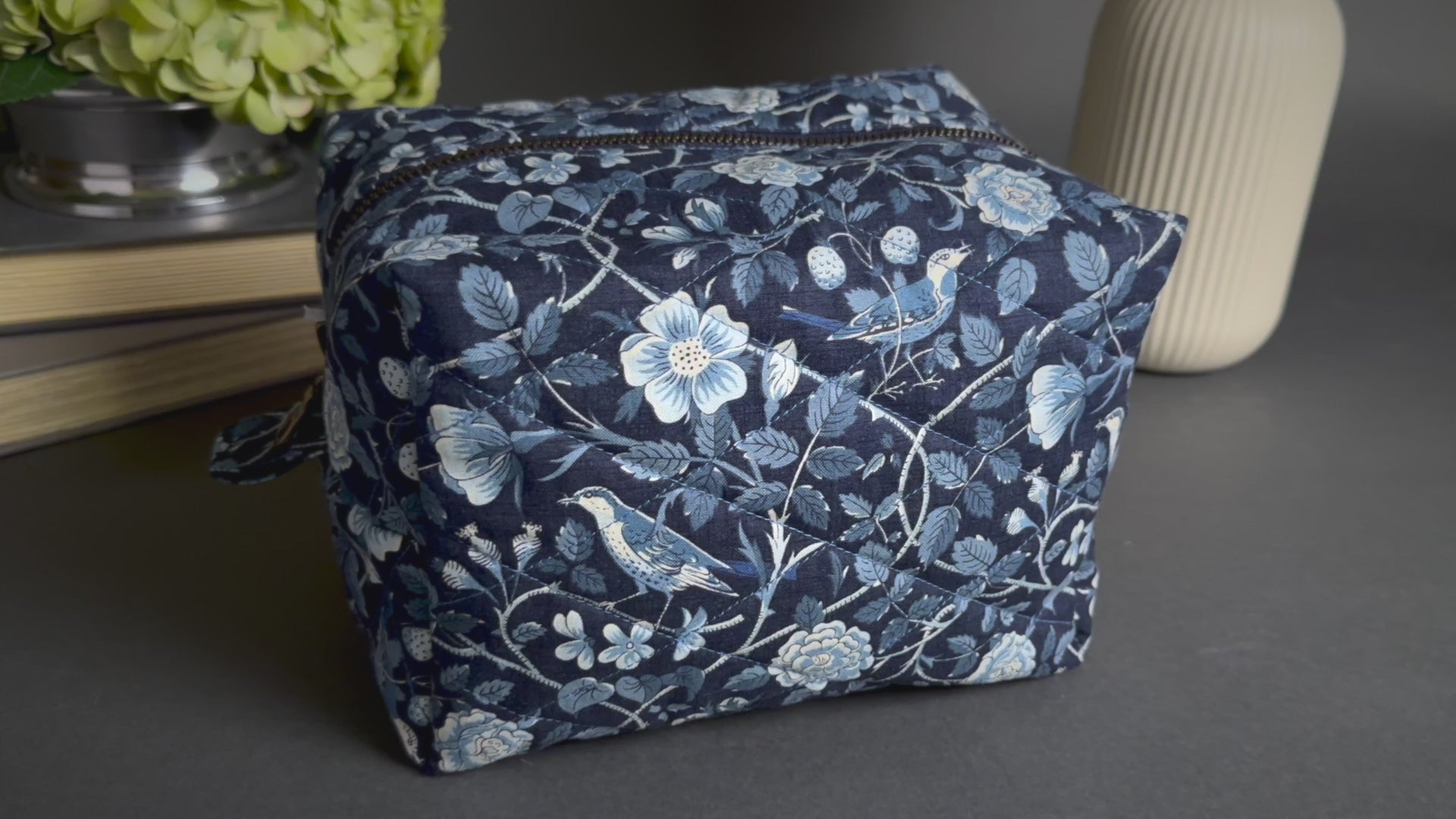 French Blue Birds Handmade Quilted "Boxy" Makeup Bag