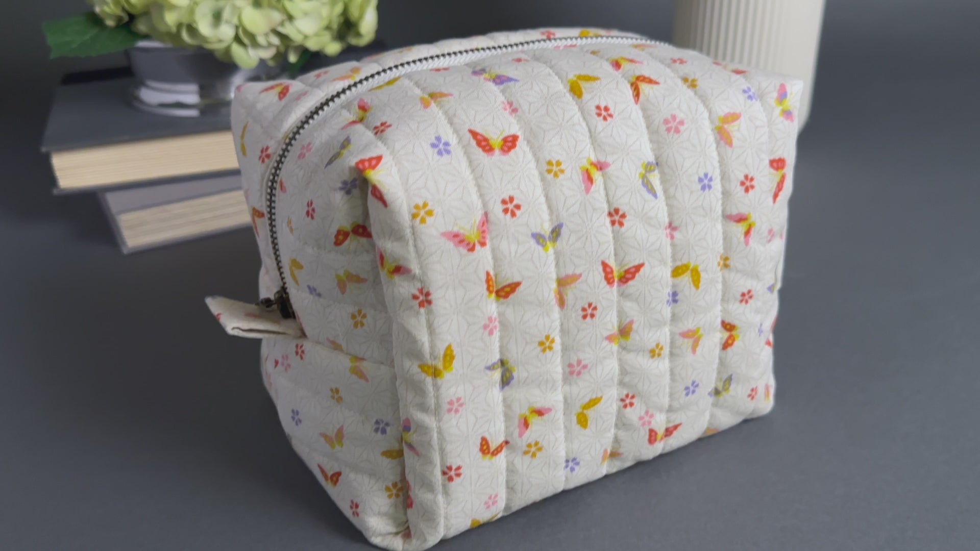 Colorful Butterflies & Cherry Blossoms Handmade Quilted "Boxy" Makeup Bag