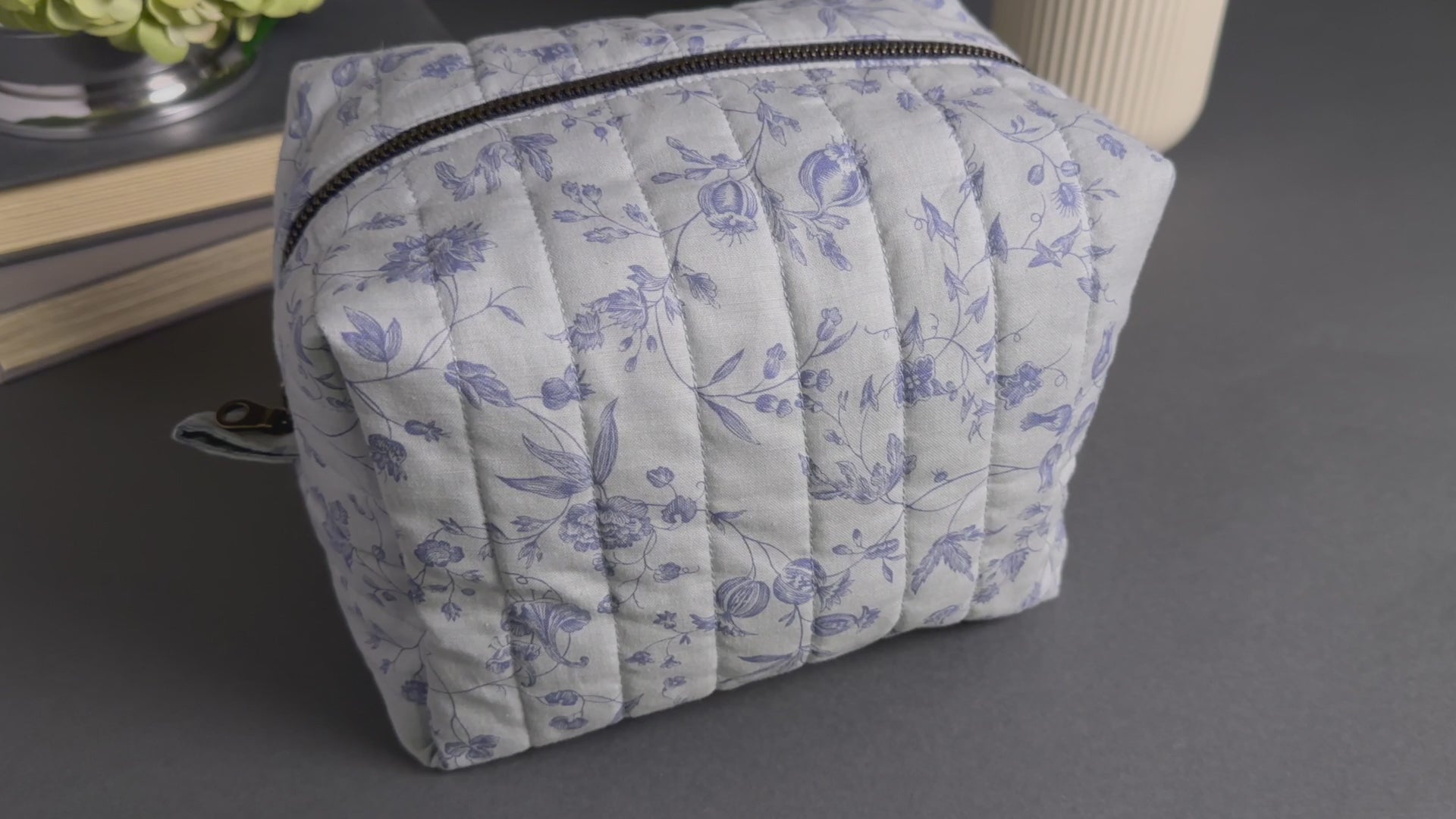 French Blue Peony Handmade Quilted "Boxy" Makeup Bag