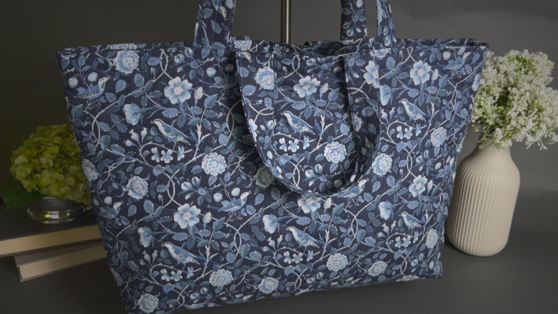 French Blue Birds Large Handmade Quilted Drawstring Tote Bag
