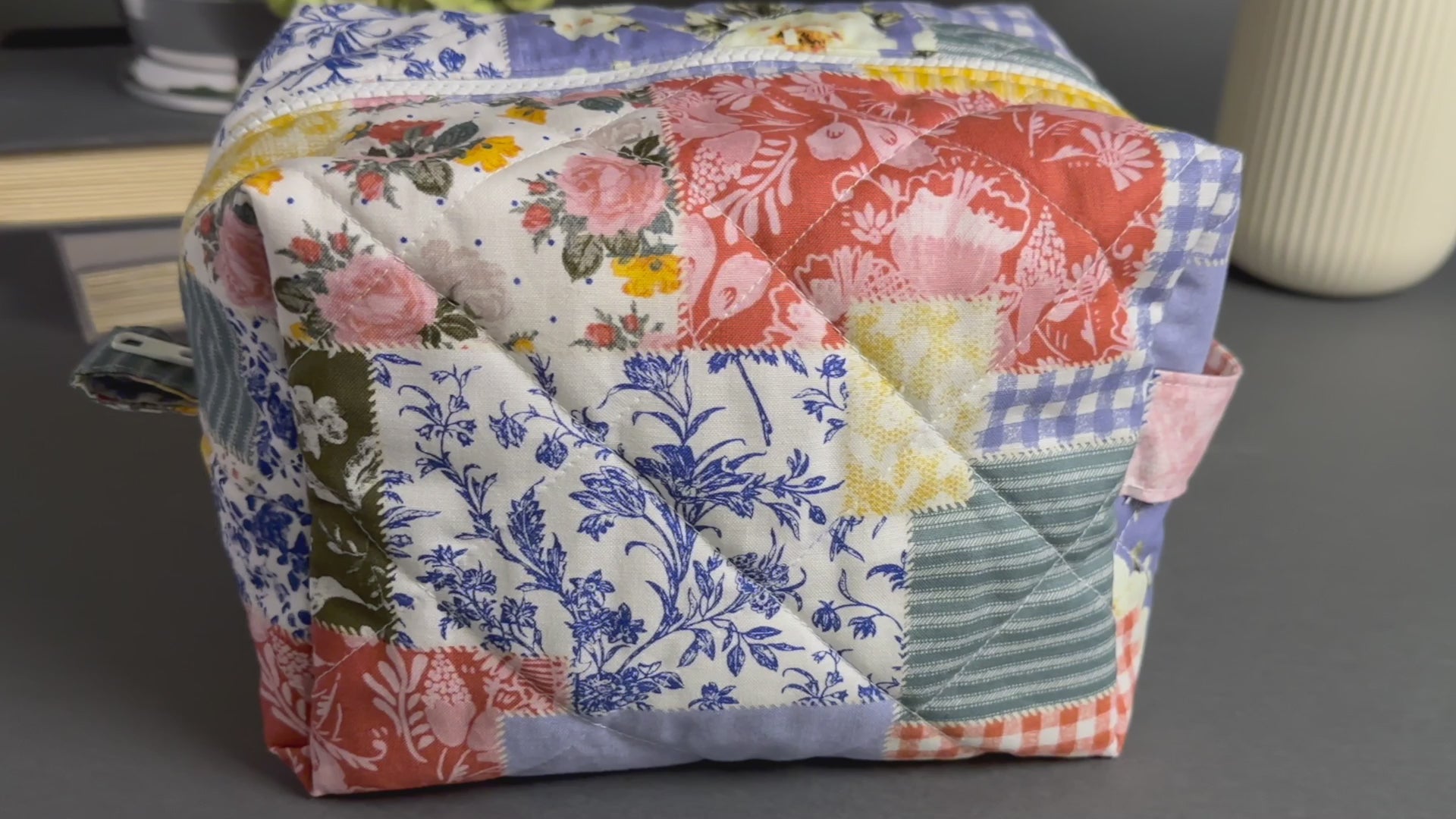 Colorful Patchwork Handmade Quilted "Boxy" Makeup Bag