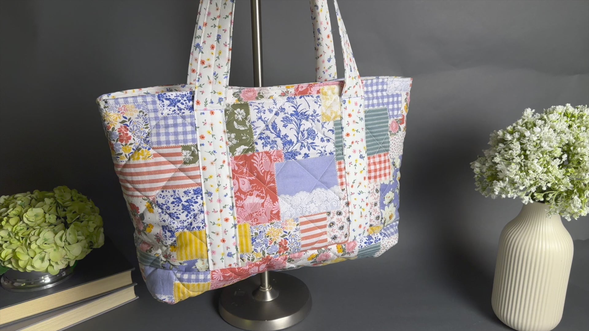 Colorful Patchwork Medium Drawstring Tote Bag with Colorful Mini Flowers Interior - Boho Chic